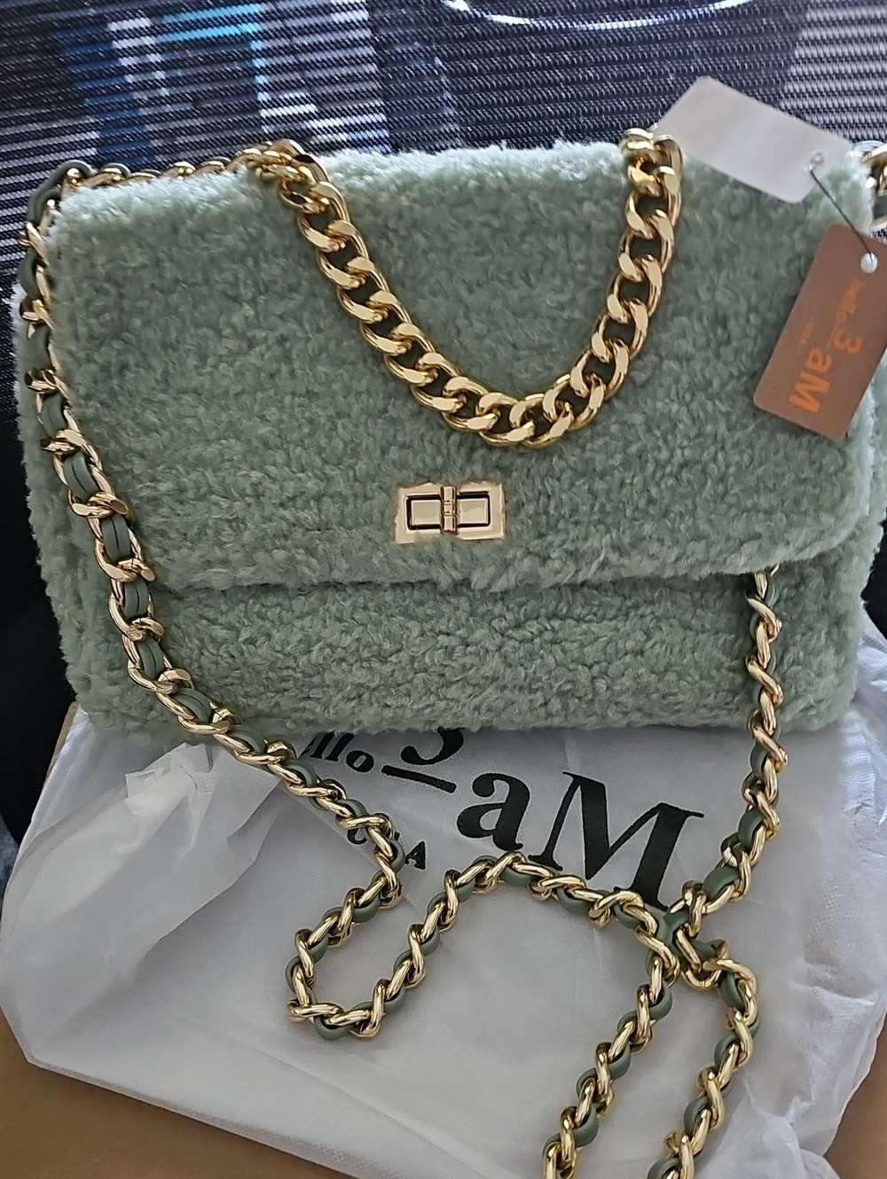 Green Faux-Shearling Chain Shoulder Bag with Gold Hardware